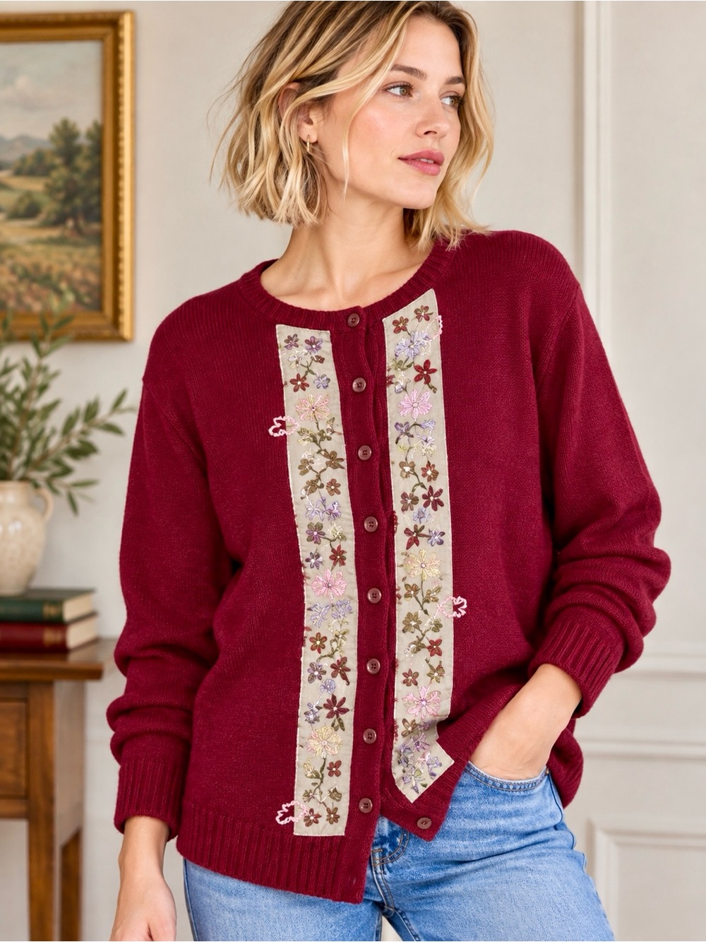 Vintage Y2K Burgundy Floral Embroidered Cardigan Grandmacore XL